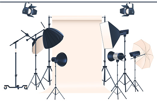 Photo Studio Light Equipment Includes Key Lights, Fill Lights, Backlights, Softbox, Umbrella, Light Stand, Backdrop And Reflector To Control And Shape Photography Light. Cartoon Vector Illustration