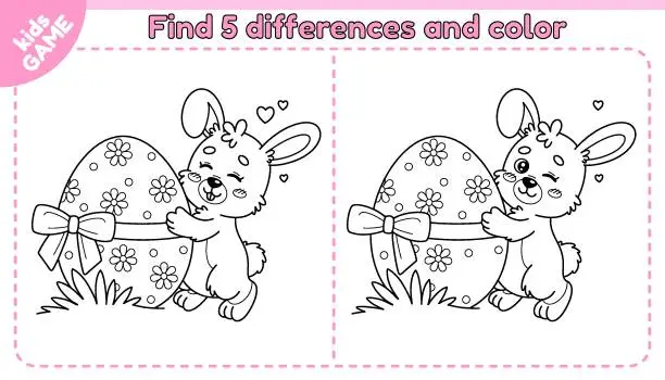 Vector illustration of Easter outline game Find differences with rabbit