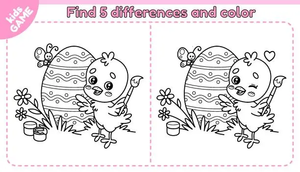 Vector illustration of Easter outline game Find differences with chick