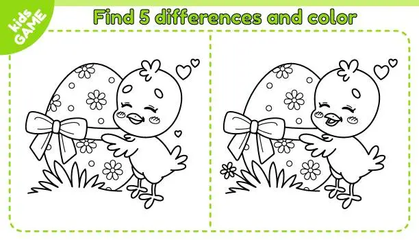 Vector illustration of Easter outline game Find differences with chick