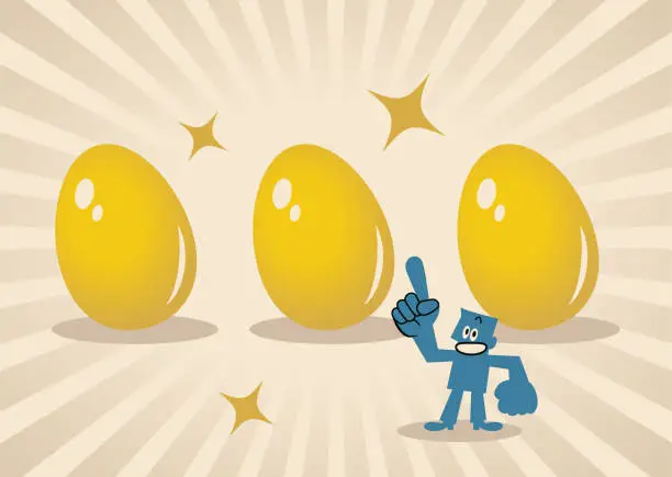 Vector illustration of A happy blue man showing three big Gold Easter Eggs, Happy Easter, with the light beam of Abundance, Prosperity and Success, Innovation and Creativity