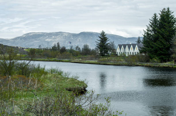 Beautiful five row houses in Thingvellir national park near a lake and tectonic plates.