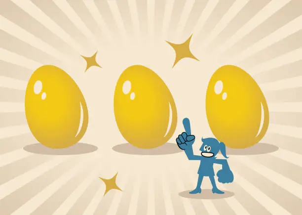 Vector illustration of A happy blue woman showing three big Gold Easter Eggs, Happy Easter, with the light beam of Abundance, Prosperity and Success, Innovation and Creativity