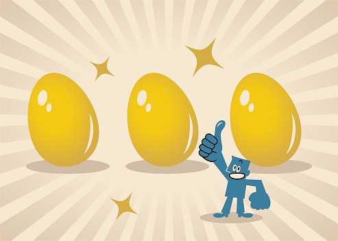 Blue Cartoon Characters Design Vector Art Illustration.
A happy blue man gives the thumbs up to three big Gold Easter Eggs, Happy Easter, with the light beam of Abundance, Prosperity and Success, Innovation and Creativity.