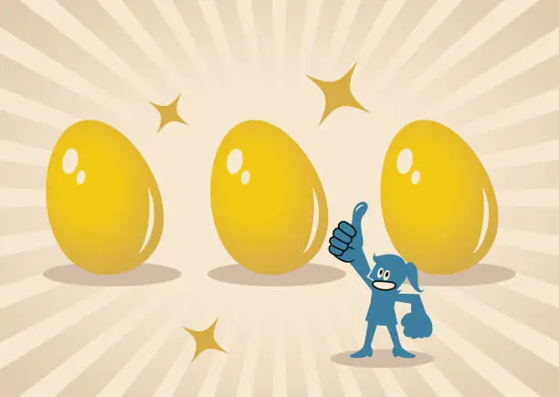 Vector illustration of A happy blue woman gives the thumbs up to three big Gold Easter Eggs, Happy Easter, with the light beam of Abundance, Prosperity and Success, Innovation and Creativity