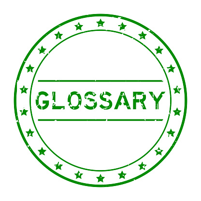 Grunge green glossary word round rubber seal stamp on white background