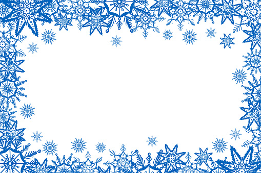 Winter frame with blue snowflakes over white background with copy space. Vector background for poster, flyer, web banner, social media, Christmas or new year card design. Traditional holiday texture.