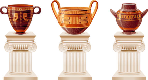 ilustrações de stock, clip art, desenhos animados e ícones de ancient greek roman pottery. vase, jar and pot. antique ceramic vessels on old white column. ancient earthenware with traditional vase paintings. 3d greek roman pottery on pillars, vector illustration - ceramics column garden pot ceramic