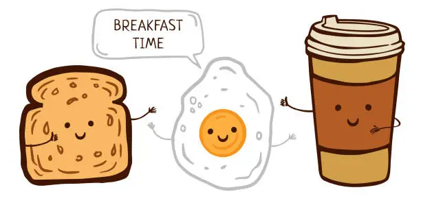 Vector illustration of Breakfast time poster with fried egg, cup of coffee away, toast funny characters. Cartoon illustration for greeting card, poster, sticker, t-shirt print, menu, cookbook, recipe design