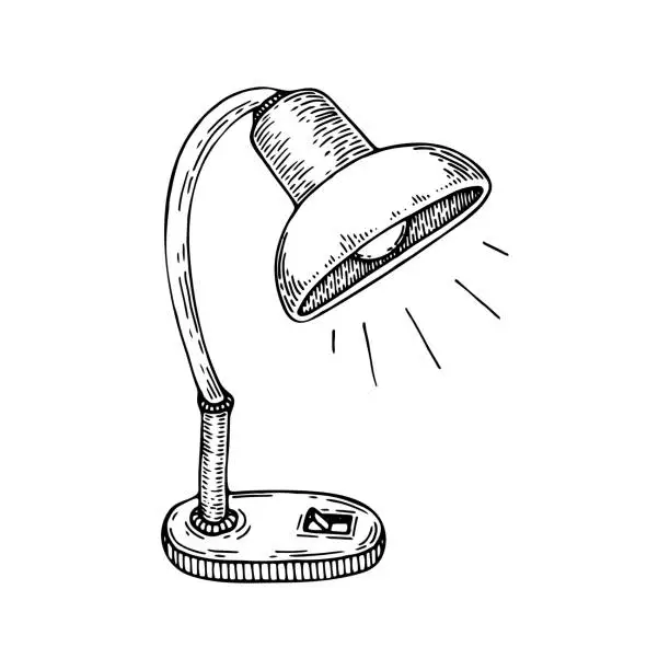 Vector illustration of Office lamp sketch. Table lighting object line art. Hand drawn doodle vector illustration.