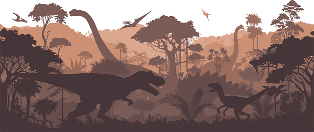 Vector prehistoric seamless jungle background with dinosaurs: Tyrannosaurus, utahraptor,  stegosaurus, brontosaurus and pterodactyl