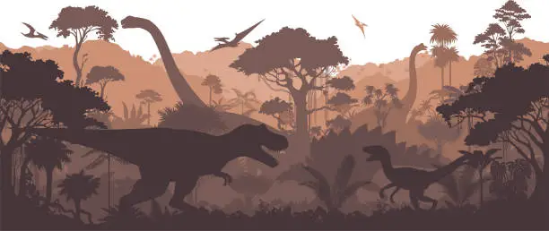 Vector illustration of Vector prehistoric seamless jungle background with dinosaurs: Tyrannosaurus, utahraptor,  stegosaurus, brontosaurus and pterodactyl