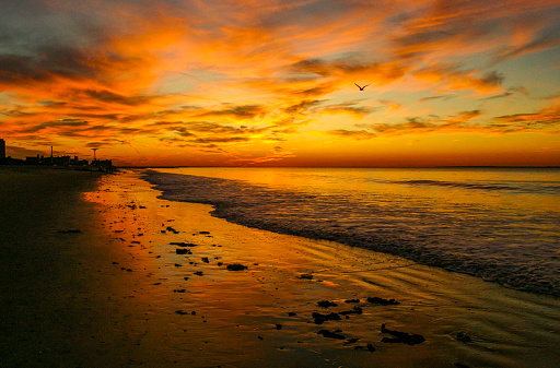 Red sunset over Brighton Beach, New York, USA