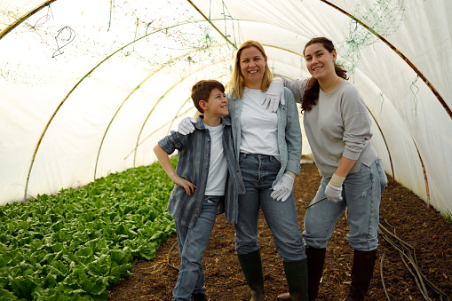 A mother stands proudly with her daughter and son in their greenhouse, surrounded by the lettuce they cultivate together.