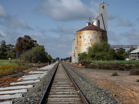 The train tracks the run through Lake Bolac country Victoria and the silos that sit next to it