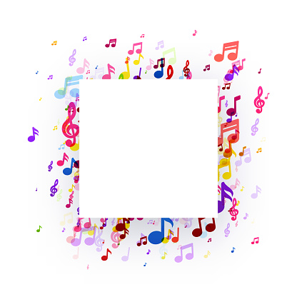 A square white space framed by a lively swirl of multicolored musical notes, perfect for custom text or as a creative music-themed background.