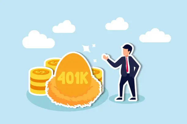 Vector illustration of 401K investment, tax deferred mutual fund for financial success in retirement concept, happy young businessman investor stand with wealthy golden egg with word 401K and dollar money coin stack.