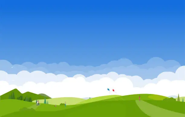 Vector illustration of People resting and playing on hills background