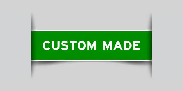 Vector illustration of Green color square label sticker with word custom made that inserted in gray background