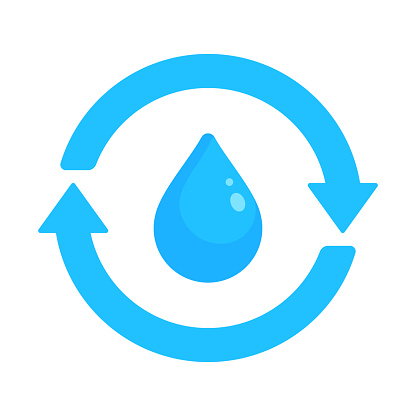 This illustration showcases a blue cycle with arrows and a water droplet in the center, representing the concepts of hydropower and the sustainable water cycle. With a clean design on a white background, it's perfect for use in materials about water conservation, renewable energy resources, educational content about hydropower, and environmental infographics.