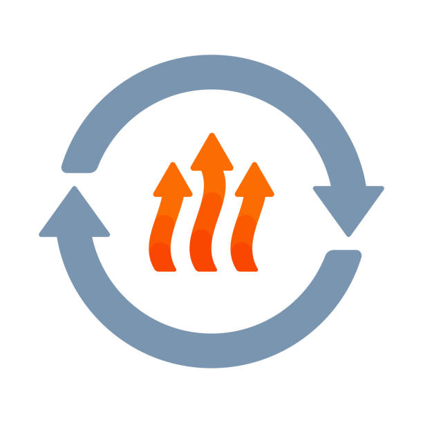 ein grauer kreisförmiger pfeil mit orangefarbenem geothermiesymbol im flachen vektorillustrationsstil, der die konzepte der erneuerbaren energien, der nachhaltigen wärmeerzeugung und der natürlichen ressourcen der erde darstellt - heat exchanger stock-grafiken, -clipart, -cartoons und -symbole