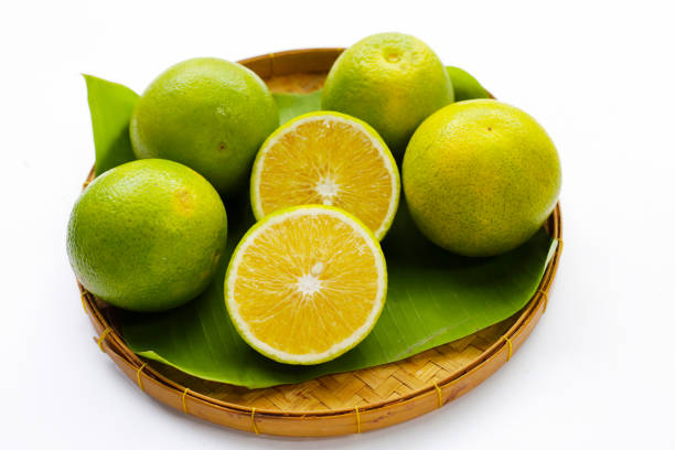 Citrus sinensis, sweet orange fruit on white background