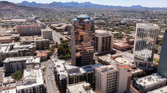 Summer afternoon aerial view of the skyscrapers of downtown Tucson, Arizona, USA.