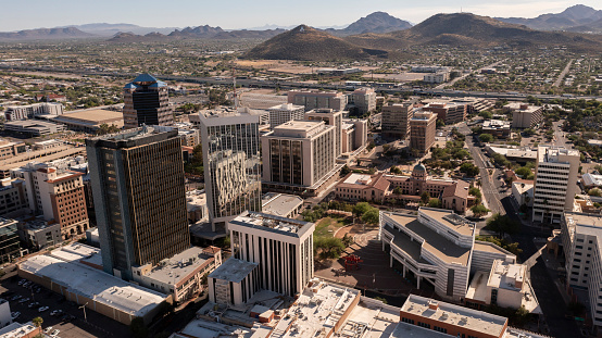 Summer afternoon aerial view of the skyscrapers of downtown Tucson, Arizona, USA.