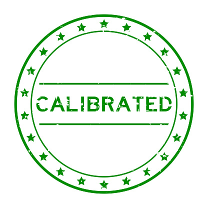 Grunge green calibrated word round rubber seal stamp on white background