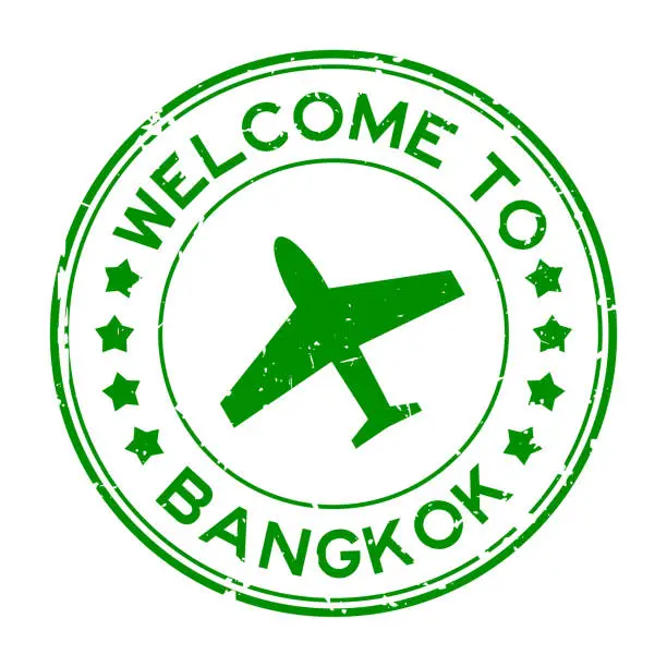 Vector illustration of Grunge green welcome to bangkok with airplane icon round rubber seal stamp on white background