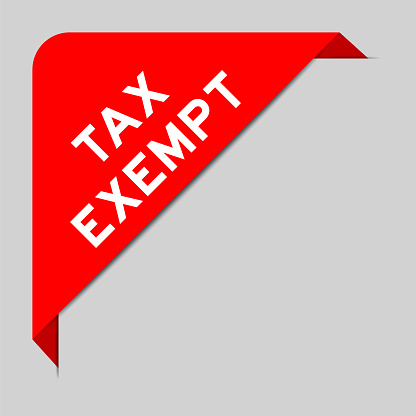 Red color of corner label banner with word tax exempt on gray background