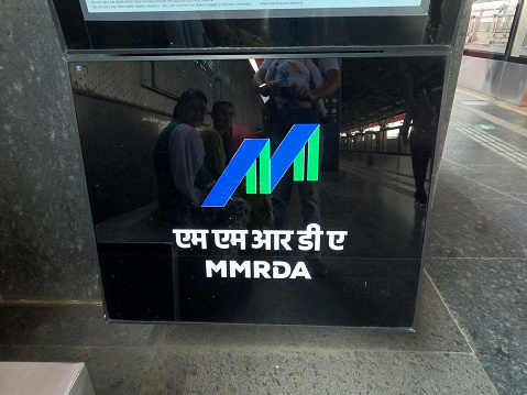 Mumbai, India - 04 February 2024, Logo of MMRDA constructs and maintains Mumbai metro. Larsen and Toubro, highway, local, flyover, building, contract, quotation, government, station, labour, worker.