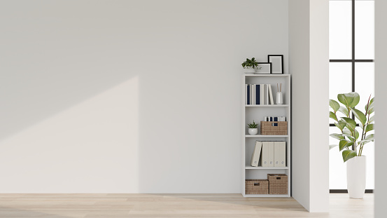 The interior design of a modern, minimalist office corridor features a shelf, a houseplant, a parquet floor, and a white wall. 3d render, 3d illustration