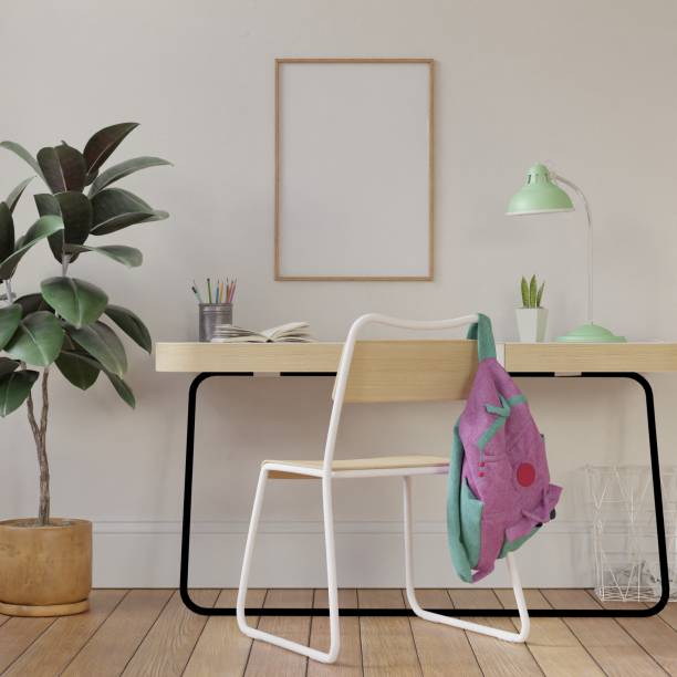 istock frame mockup, poster in home of students work desk, pictures, element interior 3d rendering. 2057020624