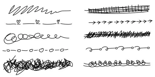 Vector illustration of Hand drawn set of Border, underline, curly swishes, swashes, swoops. swirl, scribble. Highlight text elements. doodle vector illustration