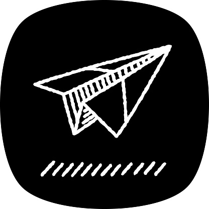 Vector illustration of a chalk styled, hand drawn paper airplane against a black background.