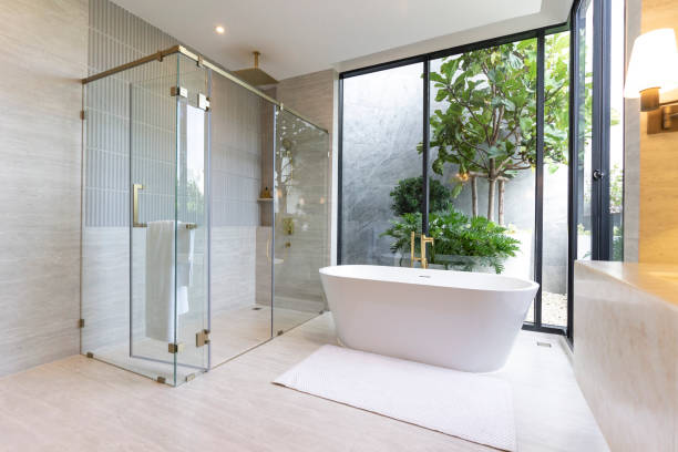 istock Modern White Marble Bathroom Design with Freestanding Bathtub. 2057084565