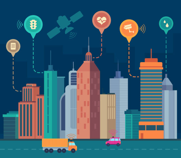 istock Modern city with high buildings, vehicles and Wi Fi network 2057086111