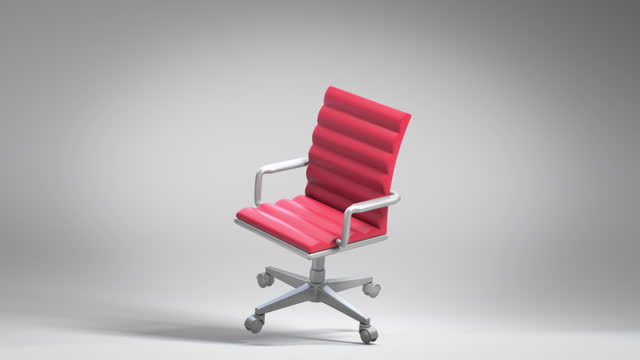Vibrant pink ergonomic chair with chrome details levitating on a soft grey gradient, contemporary office decor