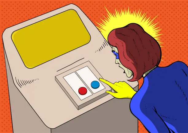 Vector illustration of Vector Pop Art Sweating Female Superhero Choosing Button Meme Stock Illustration