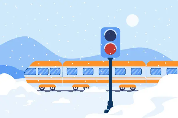 Vector illustration of Train stopping movement due to snowy weather.