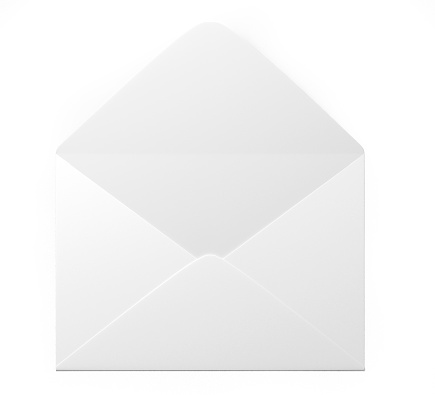 Rear view of opened  white envelope with a blank card  isolated on white background.