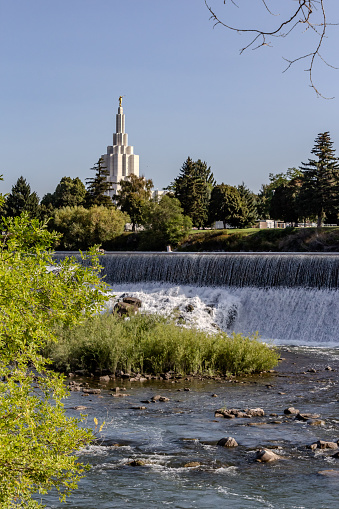 Photo of the Snake River on the North Idaho Falls Greenbelt.  Showing the Diversion Dam and the Idaho Falls Mormon/Later Day Saint’s Temple