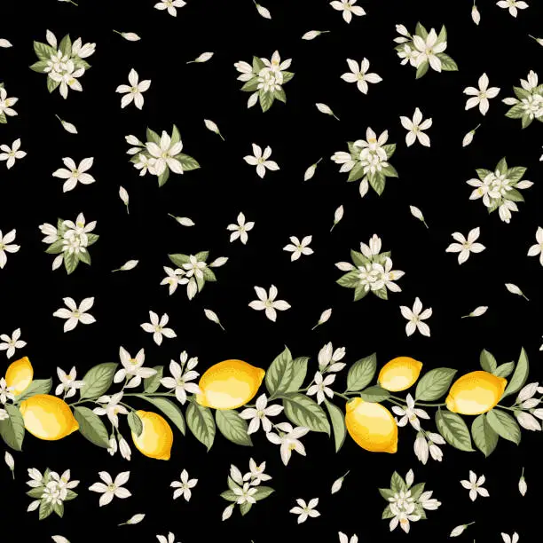 Vector illustration of Seamless citrus pattern with lemons. Black Vector illustration.