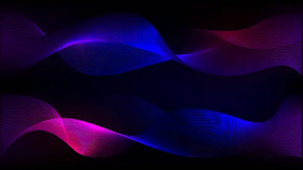 Vector illustration of Vector abstract light wave. Blue pink purple neon pattern. Technology curve line background. Soundwave wavelength magnetic squiggle. Neural fabric fiber loop.