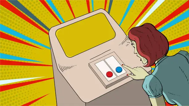 Vector illustration of Vector Pop Art Sweating Woman Choosing Button Meme Stock Illustration