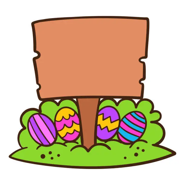 Vector illustration of Blank board sign with decorated easter eggs cartoon