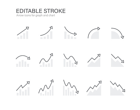 upward, downward curved line arrow icon set. editable stroke vector illustration