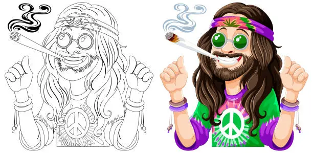 Vector illustration of Colorful illustration of a hippie with a peace sign.