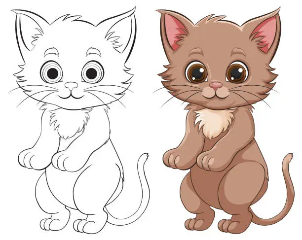 Vector illustration of Two adorable kittens, one colored and one outlined.